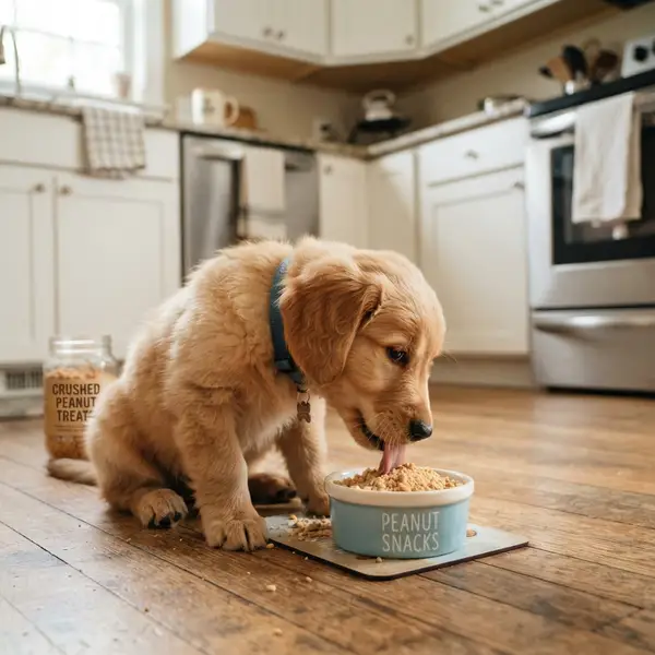 puppy safely eating a small crushed peanut treat